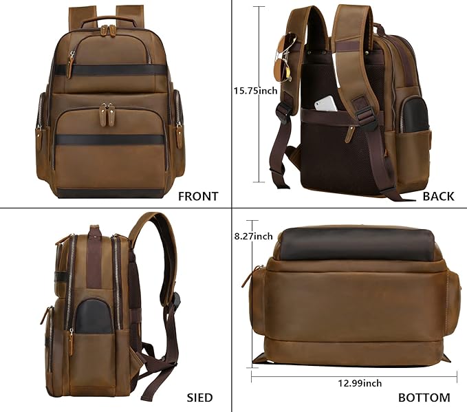 Full Grain Leather Backpack for Men,15.6" Laptop Backpack with USB Charging Port,Large Capacity Vintage Casual Travel Business Work Computer Bag Outdoor Weekend Daypack (Light Brown)