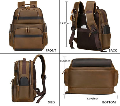 Full Grain Leather Backpack for Men,15.6" Laptop Backpack with USB Charging Port,Large Capacity Vintage Casual Travel Business Work Computer Bag Outdoor Weekend Daypack (Light Brown)