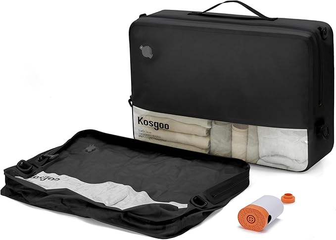 Vacuum Compression Bags for Travel with Pump Reusable for Carry-on Suitcase Backpack Home Storage, IP67 Waterproof, Wide Opening, Transparent Window (1 Large Pack + Pump Black)