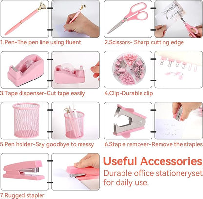 Pink Desk Accessories, Pink Office Supplies Set with Stapler, Tape Dispenser, Staple Remover, Pen Holder, Scissor, Binder/Paper Clips, Ballpoint Pen, Clear Tape and 1000pcs Staples