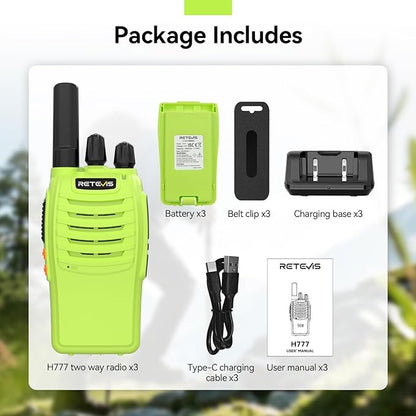 Retevis H-777 Walkie Talkies for Adults, 2 Way Radios Rechargeable Walkie Talkies Long Range, Portable FRS Two-Way Radios, Emergency Alarm LED Flashlight Type C Charger for Family Outdoor Trip(3 Pack)