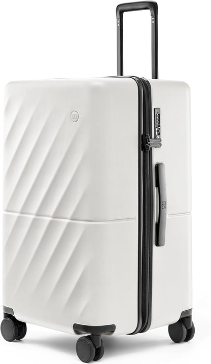 NINETYGO Trunk Luggage 26 Inch, Medium Checked Luggage with Double Spinner Wheels, Anti-Burst Zipper, Hard Case PC Suitcase, Lightweight Travel Luggage, TSA Approved (Pearl White, Hudson)