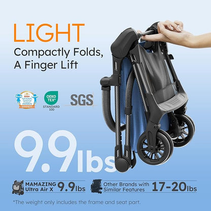 MAMAZING Ultra Air X Travel Stroller - Ultra-Lightweight Under 10 lbs, Carbon Fiber Frame & Airplane Friendly, Lightweight Stroller with Reclining Seat, UPF 50+ Canopy & Travel Bag