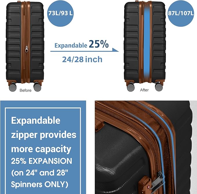 Merax 6 Piece Luggage Set, ABS Hardside Expandable Suitcase with Spinner Wheels TSA Lock, Travel Suitcases for Men/Women, Black