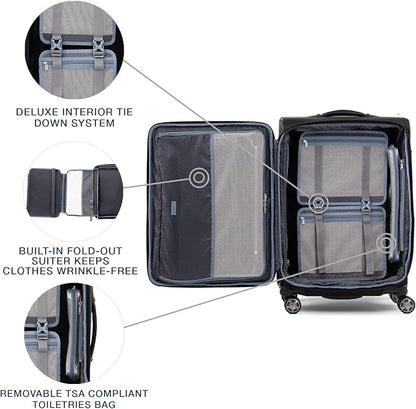 Travelpro Platinum Elite Softside Expandable Checked Luggage, 8 Wheel Spinner Suitcase, TSA Lock, Men and Women, Shadow Black, Checked Medium 25-Inch