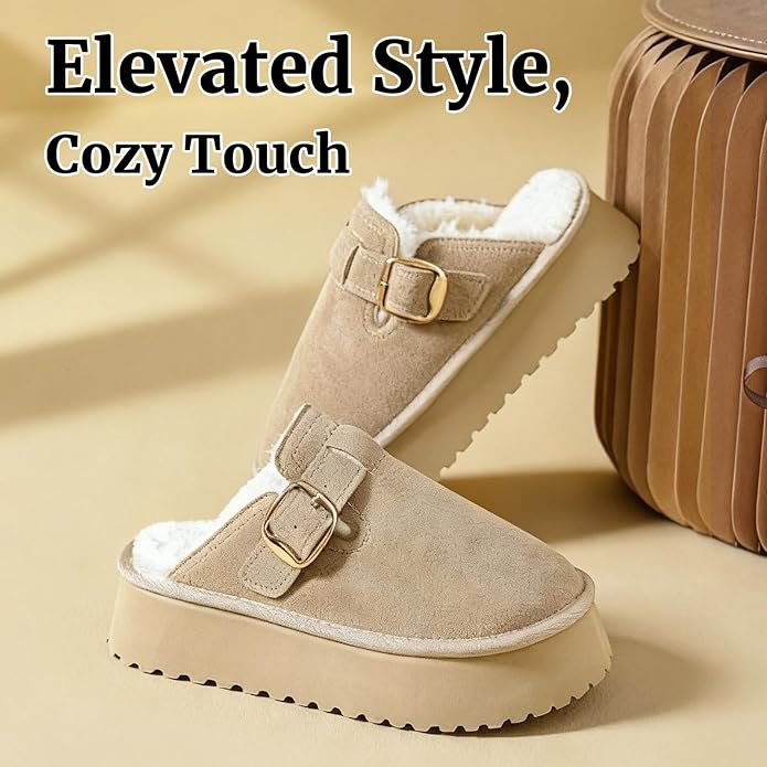 Mishansha Fuzzy Platform Slippers for Women Winter Faux Suede Warm Slippers Cozy House Shoes Outdoor and Indoor