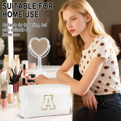 Gifts for Girls Initial Makeup Bag Personalized Cosmetic Bag with Zipper Cute Travel Toiletry Bags Waterproof PU Preppy Makeup Pouch Birthday Gift for Teen Girls Women(White A)