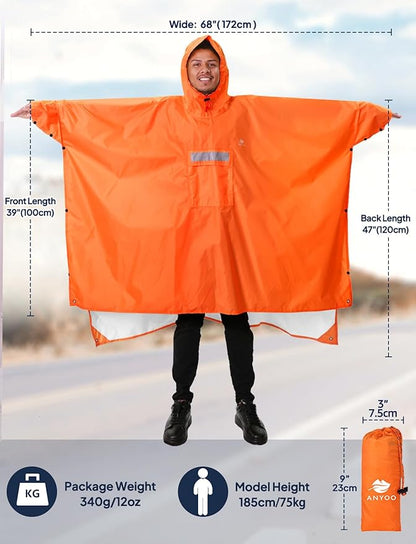 ANYOO Hooded Rain Poncho for Adults Waterproof Lightweight Rain Coat for Men Women Reusable Rain Jacket for Emergency Outdoor