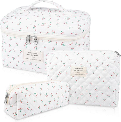 Large Makeup Bag Set, Quilted Makeup Bag, Floral Cosmetic Bag for Women, Cute Cotton Makeup Bags, Flower Travel Toiletry Organizer Bag (white)