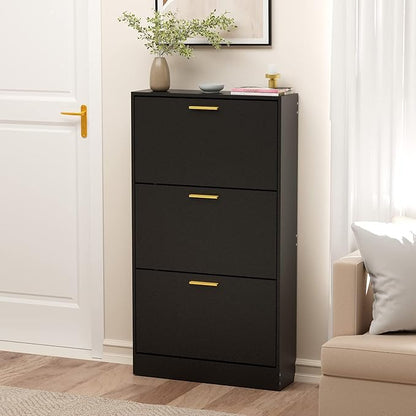 JOZZBY Shoe Cabinet Storage with 3 Flip Drawers for Entryway, Black Slim Freestanding Modern Narrow Shoe Organizer Rack Cabinet for Hallway, Living Room, Set of 2