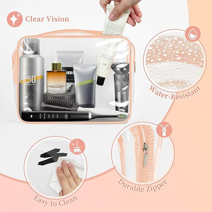 TISRATOK 12 PCS Clear Makeup Bag for Women with Zipper, TSA Approved Toiletry Pouch, Cosmetic Bag Bulk for Travel Organizer Essentials - Orange-pink, Large