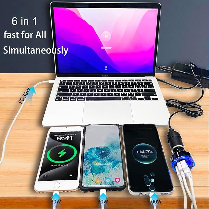 Full PD 30W Multi Port USB C Car Charger Adapter 6 in 1 with Voltage Display, PD4.0/QC4.0/PPS/AFC Super Fast Charging Cigarette Lighter Adapter with Volt Meter for MacBook iPhone Galaxy Android Phones