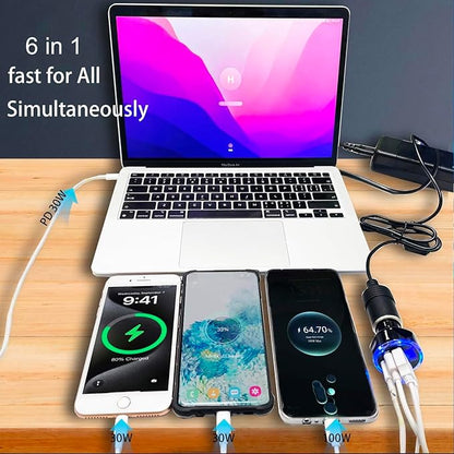 Full PD 30W Multi Port USB C Car Charger Adapter 6 in 1 with Voltage Display, PD4.0/QC4.0/PPS/AFC Super Fast Charging Cigarette Lighter Adapter with Volt Meter for MacBook iPhone Galaxy Android Phones