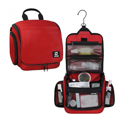 Goloni Hanging Toiletry Bag with Hook, Large Makeup Bag Travel Organizer, Water-Resistant Hanging Cosmetic Bag with 10 Compartments for Women & Men,Red