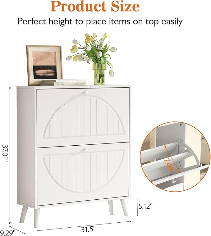 Slim Shoe Cabinet with 2 Flip Drawer,Modern White Shoe Organizer with Adjustable Shelves, Stylish Narrow Shoe Cabinet Storage for Entryway Hallway Bedroom Living Room