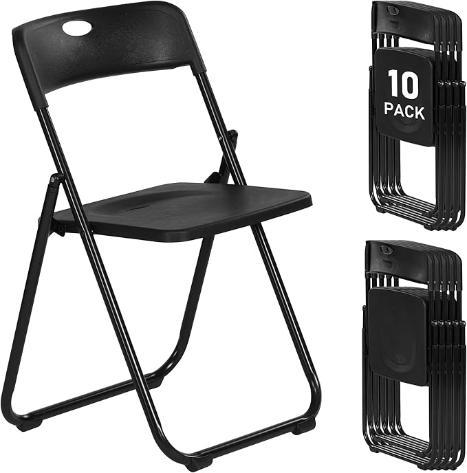 10 Pack Black Plastic Folding Chairs, Indoor Outdoor Portable Stackable Commercial Seats with Steel Frame for Home Office Wedding Party Events Kitchen Dining, 350lb Capacity