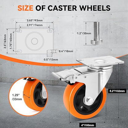 W B D WEIBIDA 4 Inch Swivel Casters with Brake Set of 4 Heavy Duty of 1200 lbs, Safety Dual Locking Plate Castors, No Noise Wheels for Furniture, Workbench and Carts(Nuts & Bolts & 2 Spanners)