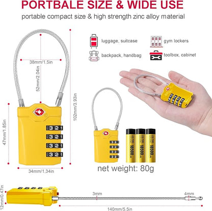 ZHEGE TSA Approved Cable Locks Flexible, Travel Lock Zipper Bag, 4 Digit Luggage Combination Lock with Open Alert Indicator for Suitcase, Backpack, Baggage (1 Pack, Yellow)