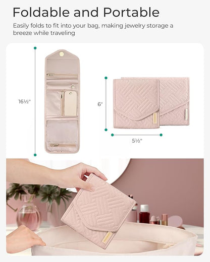 BAGSMART Travel Jewelry Organizer Case Foldable Small Jewelry Roll for Journey Rings, Necklaces, Earrings, Bracelets,Mini,Soft Pink