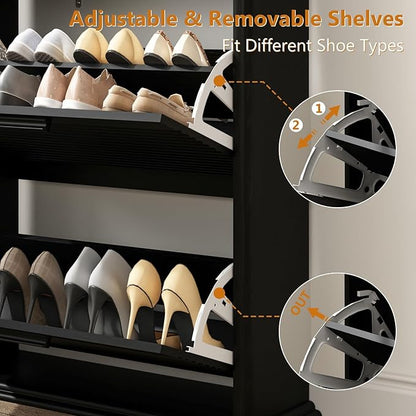Fluted Shoe Cabinet for Entryway, Modern Shoe Storage Organizer with 2 Flip-Down Drawers & Adjustable Shelves, Hidden Narrow Slim Shoe Rack for Hallway, Mid-Century Modern Furniture, Black