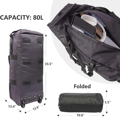 80L Rolling Duffle Bag with Wheels - Heavy-Duty 33.5" Foldable Duffel, Water-Resistant Wheeled Luggage with Shoulder Straps for Camping, Gym, Airplane (Grey)