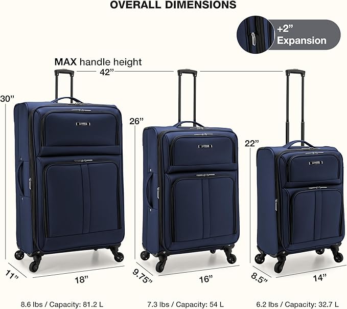 U.S. Traveler Anzio Softside Expandable Spinner Luggage, Navy, 3-PIece Set (22/26/30)