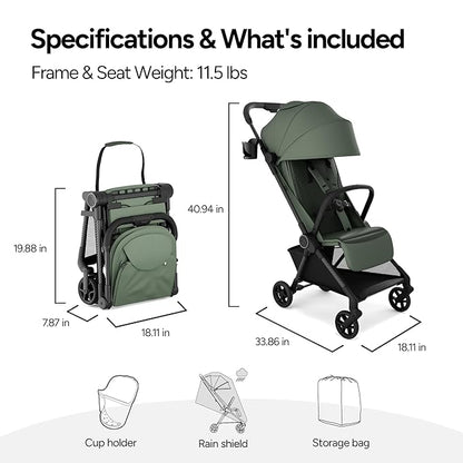 Mompush Nexis Carbon Travel Stroller, Ultra-Lightweight 11.5 lbs, Compact & Airplane Carry-On Approved, One-Second Auto-Fold, One-Hand Full Recline, from Birth to 50 lbs, JPMA Certified