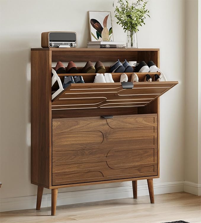 Spaco Walnut Shoe Cabinet Storage for Entryway,Narrow Shoe Organizer Cabinet with 2 Flip Drawers,Slim Shoe Rack with Solid Wood Leg for Hallway,Closet