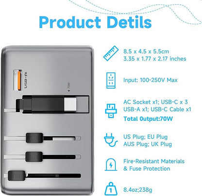 Minthouz Universal Travel Adapter, International 70W Power Adapter GaN Fast Charger with 3 USB-C PD, 1 USB-C Cable & A Ports, All-in-One Portable AC Power Plug Adapter for USA EU UK AUS