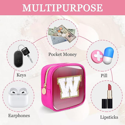 Mini Clear Personalized Initial Makeup Bag, Small Preppy A-Z Chenille Letter Patch Cosmetic Pouch, Transparent PVC & Nylon Waterproof Zip Beach Toiletry Bag,Gift for Women Girls(Hot Pink-White W)