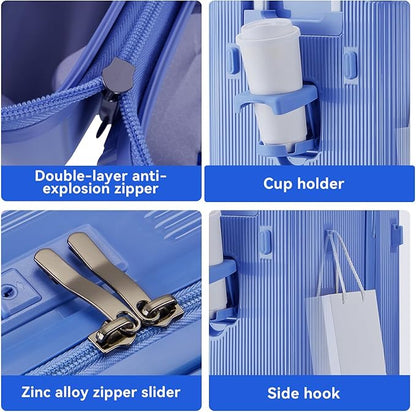 Travel Luggage Sets 3 Piece with Spinner Wheels, PC Hardside Suitcase Set for Family Trips with Cup and Phone Holder, Blue