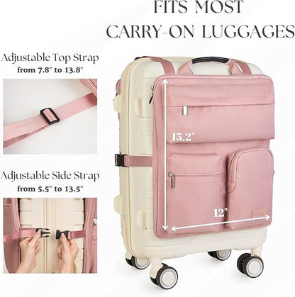 BAREFOOT CARIBOU Over Luggage Organizer for Carry On Bag or Suitcase with Storage Pockets, 16” Laptop Sleeve with Handle, Travel Accessories Bag Slide On Luggage Harness with Adjustable Straps (Pink)