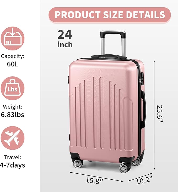 Karl home 24in Checked Luggage with TSA Lock, ABS Hardshell Check-in Suitcase with Spinner Wheels, Durable Medium Suitcase Rolling Luggage for Business Travel, Pink