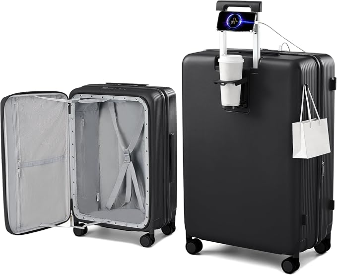 Hanke Expandable 28 Inch Luggage with Spinner Wheels Top Opening Travel Luggage Hard Shell Rolling Suitcases Large Lightweight Checked Luggage with Cup Holder(Jet Black)