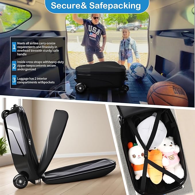 Scooter Suitcase Carry On Hardshell Ride On Suitcase Scooter for Kids Age 4-15, Multifunctional Ride On Lightweight Kids Luggage with Wheels(Size:Black)