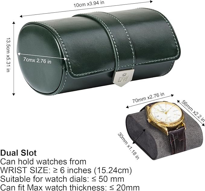 DUKWIN Watch Roll for 2 Watches,Vegan Leather Travel Watch Case Organizer with Removable Pillows for Men and Women,Display Case for Watches Collection and Gift for Anniversary Birthday(Green Storage)