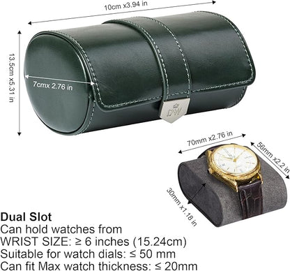 DUKWIN Watch Roll for 2 Watches,Vegan Leather Travel Watch Case Organizer with Removable Pillows for Men and Women,Display Case for Watches Collection and Gift for Anniversary Birthday(Green Storage)