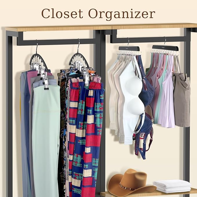 4 Pack Legging Organizer& Bra Hanger, 2 in 1 Space Saving Hangers Max 60 Leggings & Bras Capacity for Closet Organizers and Storage, Metal Yoga Pant Hanger& Foldable Wood Tank Top Organizer