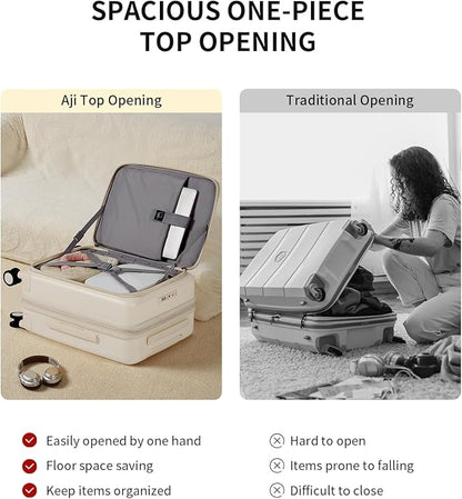 aji Expandable Top Open Carry On Luggage 22x14x9 Airline Approved, 20 Inch Hard Shell Carry On Suitcase with Spinner Wheels,Travel Small Luggage for Women Men,Coconut White