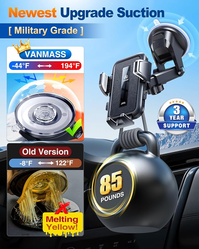 VANMASS 【85+LBS Strongest Suction & Military-Grade Ultimate Car Mount【Patent & Safety Certs】 Cell Phone Holder Truck Stand for GPS Vehicle Dashboard Windshield Vent for iPhone Samsung, Clear Black