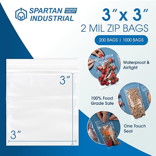 Spartan Industrial - 3” X 3” (1000 Count) 2 Mil Clear Reclosable Zip Plastic Poly Bags with Resealable Lock Seal Zipper