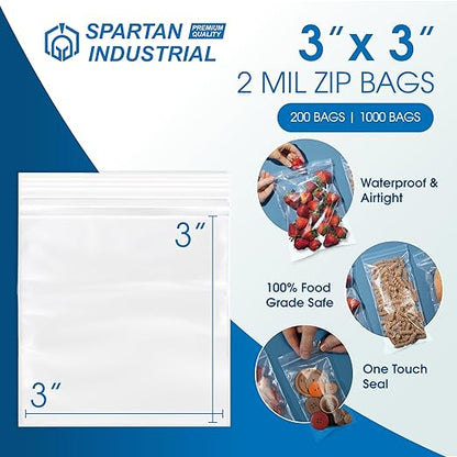 Spartan Industrial - 3” X 3” (1000 Count) 2 Mil Clear Reclosable Zip Plastic Poly Bags with Resealable Lock Seal Zipper