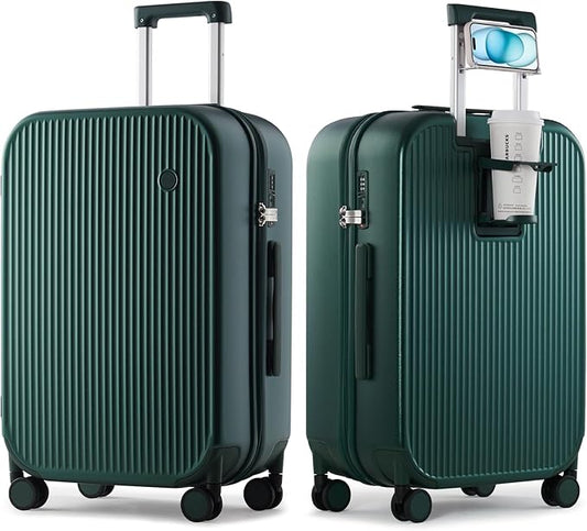 mixi Checked Luggage with Cup Phone Holder Hard Shell Rolling Travel Suitcases with Spinner Wheels,24 Inch Blackish Green