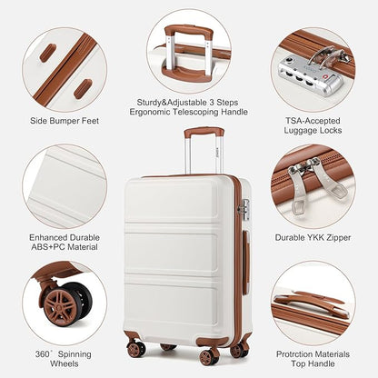 Kono Luggage Set 3 Piece Carry On Hardside Luggage with TSA Lock Spinner Wheels Lightweight PC+ABS Carry On Suitcase Cream White