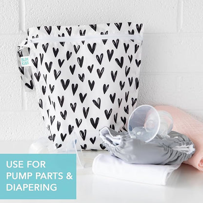 Bumkins - Waterproof Wet and Wetdry Bags - For Beach, Baby, Travel, Swim Suit, Cloth Diapers, Pump Parts, Pool, Gym, Toiletries - Reusable & Easy to Clean - Black Hearts - 2 Pack