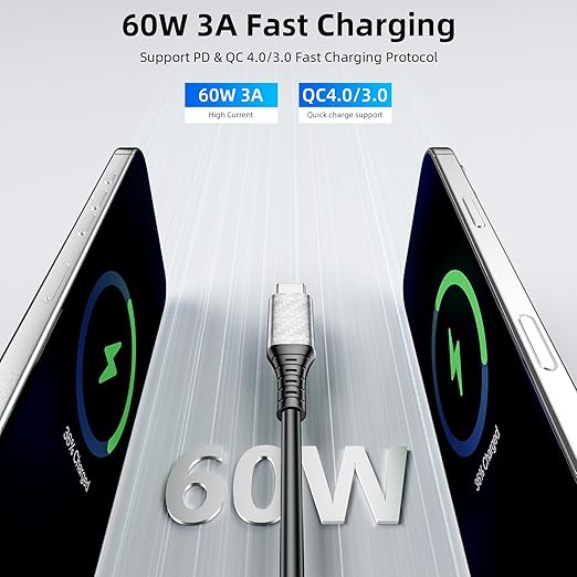60W Charging Cable USB C to USB C Cord 20ft, PD Fast Charge Cable for iPhone 17 16 15/Samsung S25 S24 S23/Pixel 10 9,Data Transfer Wire/Type-C Power Cable for MacBook/iPad/Laptop/Security Camera,Black