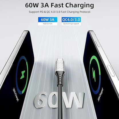 60W Charging Cable USB C to USB C Cord 20ft, PD Fast Charge Cable for iPhone 17 16 15/Samsung S25 S24 S23/Pixel 10 9,Data Transfer Wire/Type-C Power Cable for MacBook/iPad/Laptop/Security Camera,Black