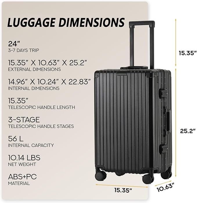 24 Inch Aluminum Frame Checked Travel Luggage with Spinner Wheels,Zipperless Hard Shell Suitcases with TSA Approved USB Port,Cup & Phone Holder for Women Men,Black