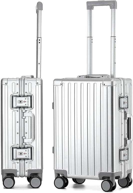 20 Inch All Aluminum Carry On Luggage 22x14x9 Airline Approved with Spinner Wheels,Hard Shell Zipperless Lightweight Small Suitcase with TSA Approved for Travel Business Women Men,Silver