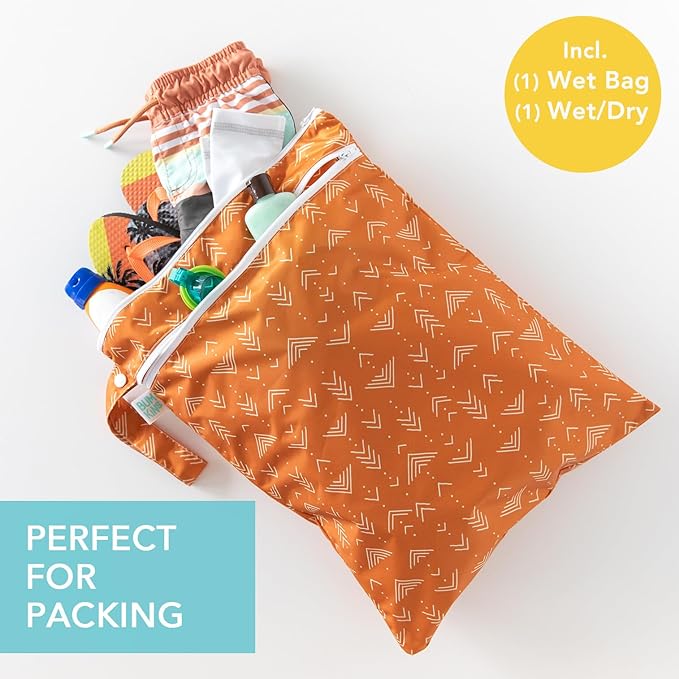 Bumkins - Waterproof Wet and Wetdry Bags - For Beach, Baby, Travel, Swim Suit, Cloth Diapers, Pump Parts, Pool, Gym, Toiletries - Reusable & Easy to Clean - Boho Orange - 2 Pack